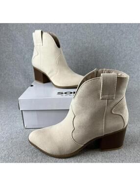 Sonoma Womens Western Cowboy Bootie Boots Faux Suede Block Heel  Size 9.5 Ivory